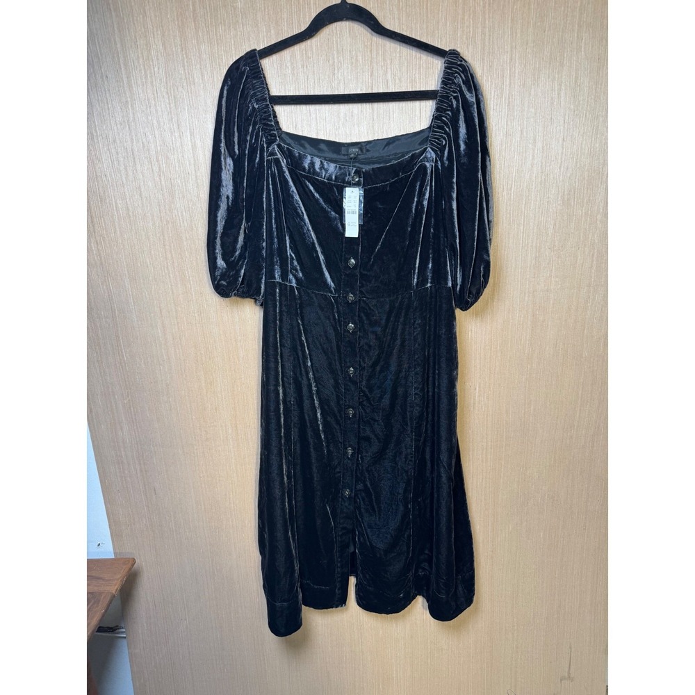 J.Crew Black Velvet‎ Dress Square Neck Button Front Puff Sleeve Women's Size 18